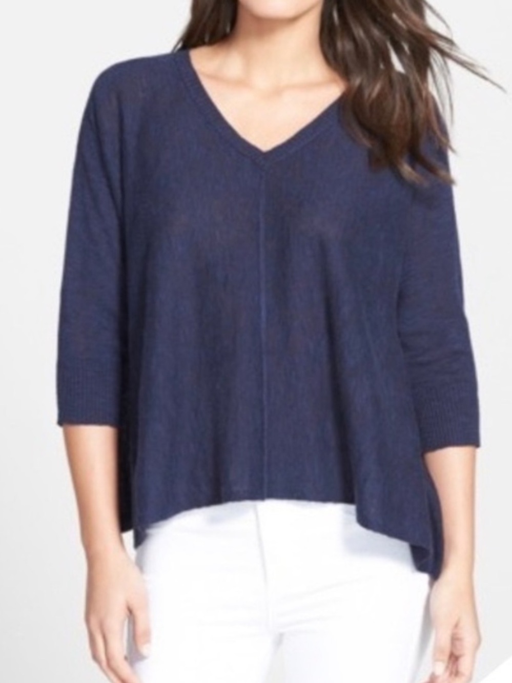Eileen Fisher Linen/Cotton Blend Slub Knit Sweater in Navy (Size:XL)